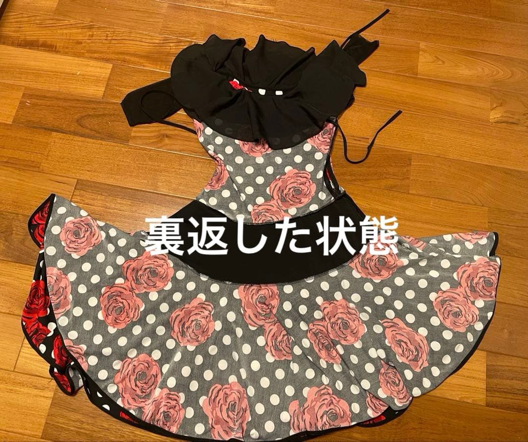 社交ダンス　ワンピース　ドレス　赤いバラ＋水玉　ストレッチ　パーティー　練習着
