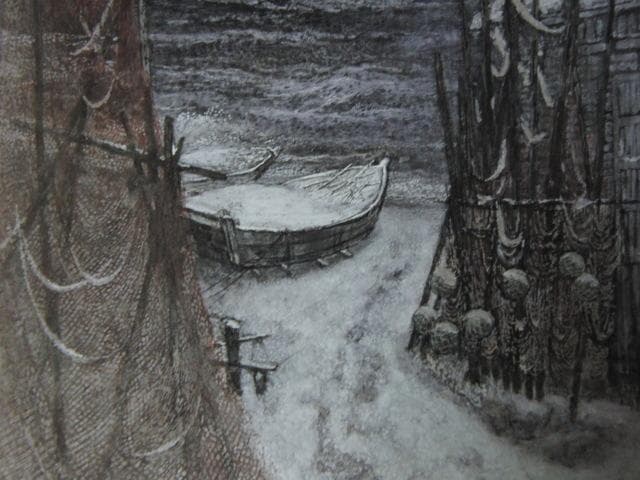 大矢十四彦、【雪の浜】、希少な額装用画集より、状態良好、新品額装付