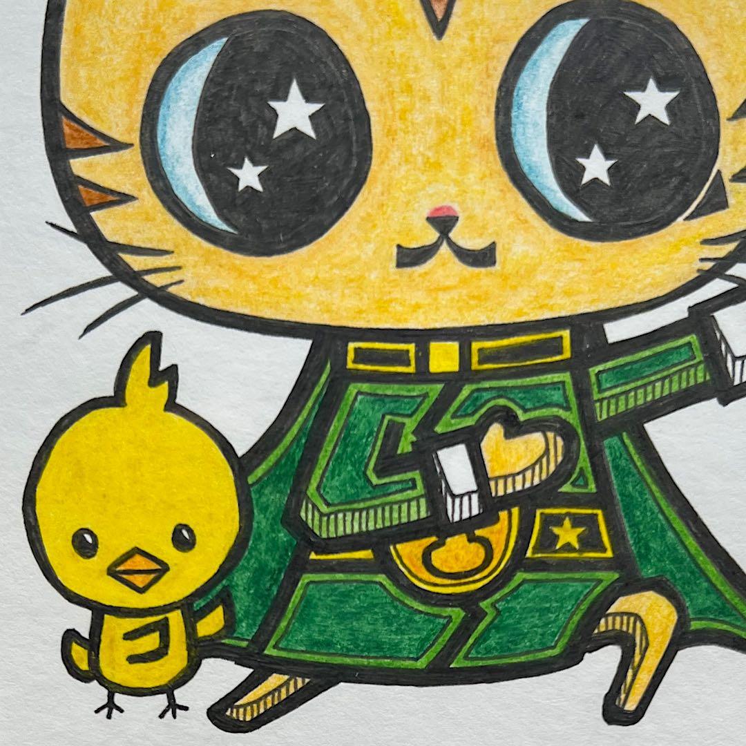 動物 原画 絵 手描き 癒し 猫 アート 一点物 額縁付『グリーン』
