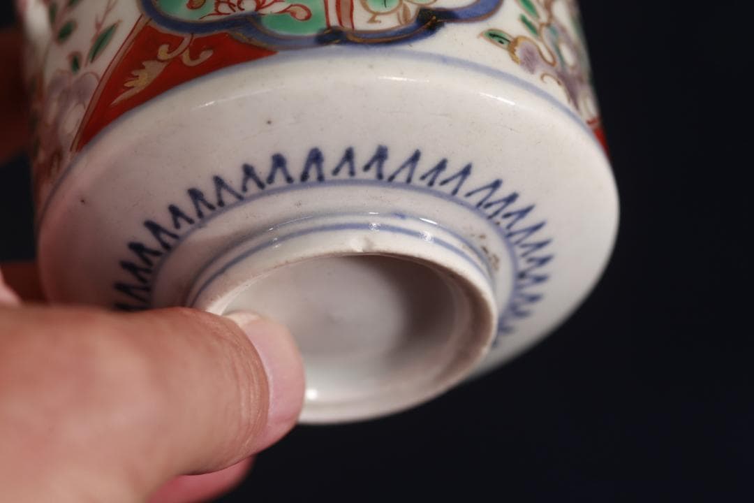 長*月様 323　古伊万里色絵窓絵草花文様半筒猪口　江戸中期
