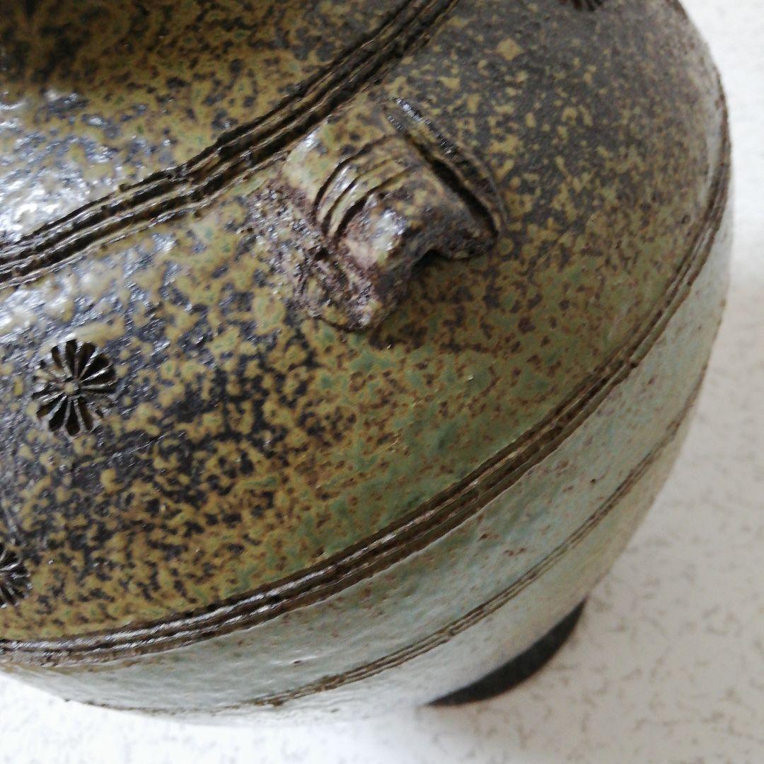 信楽焼　花器　灰釉印花文四耳壺