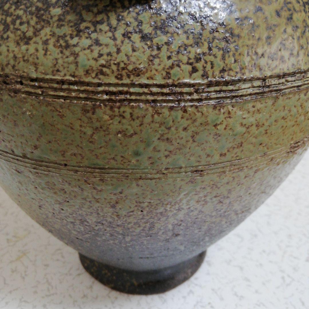 信楽焼　花器　灰釉印花文四耳壺