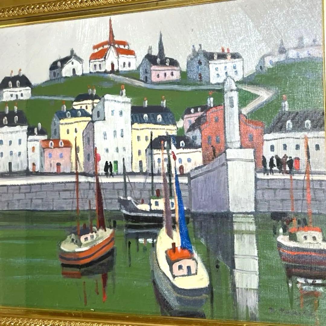 油絵 北欧 港 風景画 F10 額装 横73cm インテリア アート