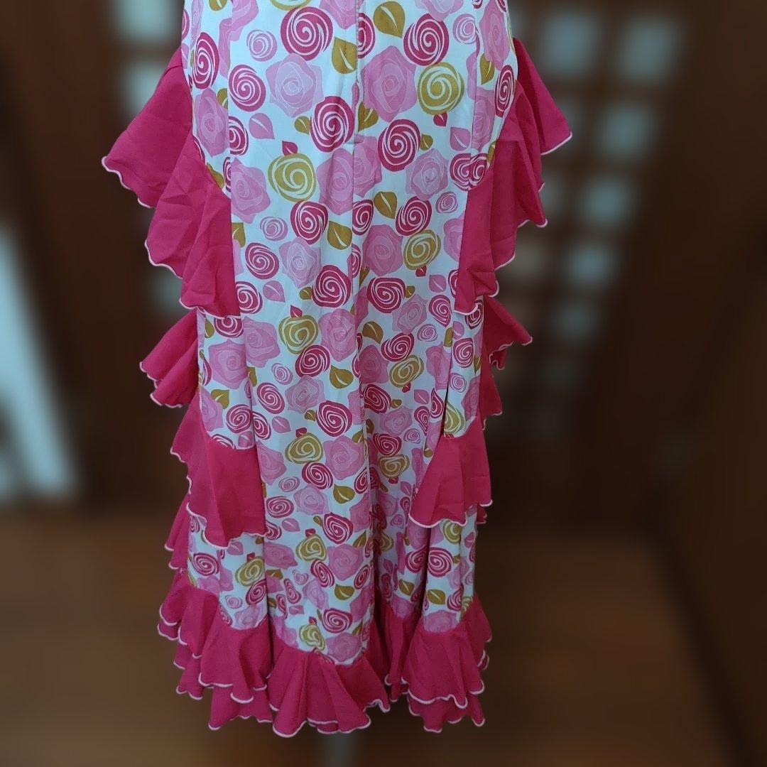 フラメンコドレス ピンク花柄 フリル付き