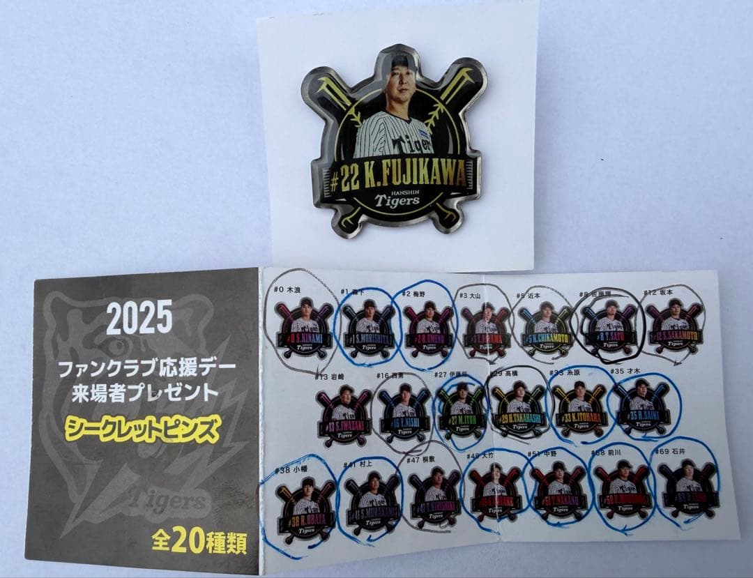 阪神タイガース2025年シークレットピンズコンプリート　藤川球児引退記念バッジ