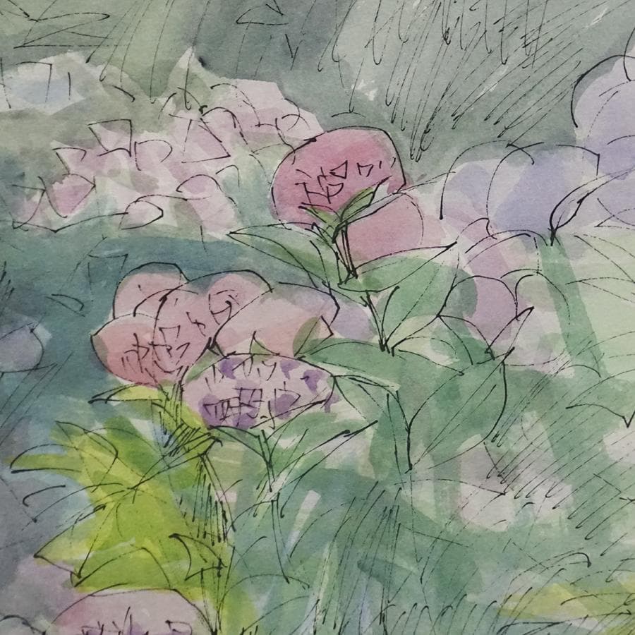 斎藤政一『矢田寺あじさいと地蔵』 一枚の繪 水彩画 絵画 美術 芸術 額装