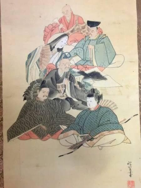 掛軸■紫峰作 武士 姫 坊主 侍 武者 桐時代箱 日本画 骨董品■⑩