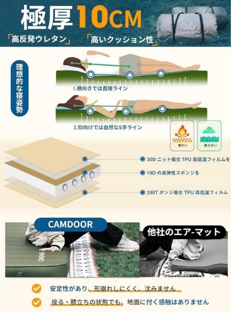 CAMDOORインフレーターマット10cm車中泊 自動膨張 収納袋付き グリーン