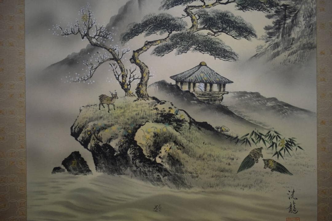 真作/洸龍/十二神将御家守護図/山水/舞鶴図/鶴/鹿/亀/布袋屋掛軸A-166