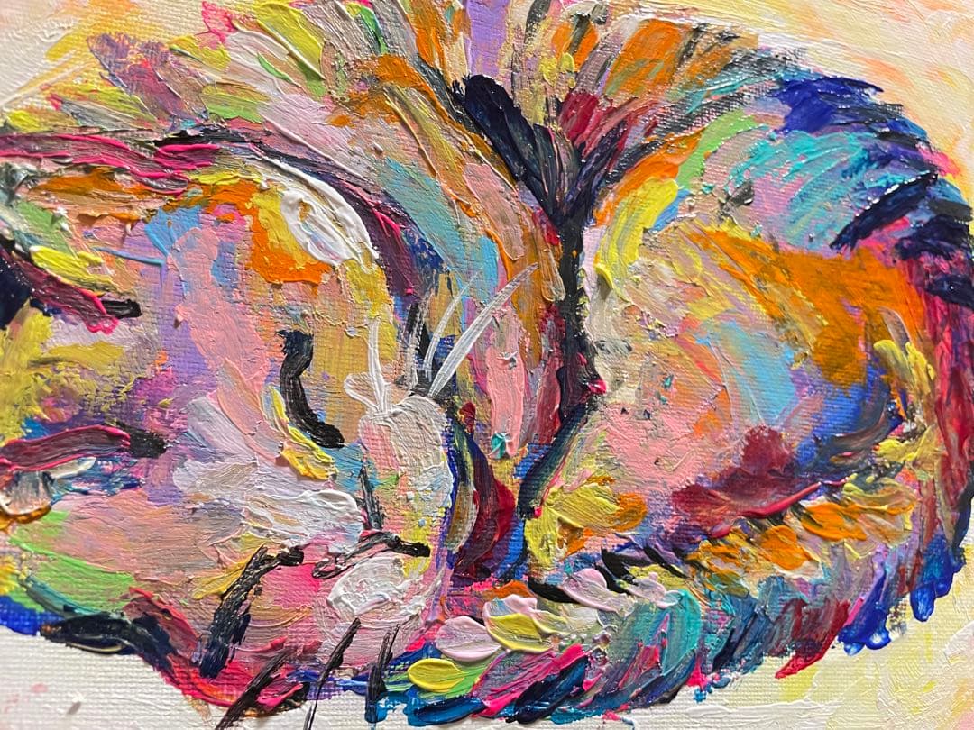 寝ている猫の絵画　原画　キャンバス　現代アート　猫の絵 動物画