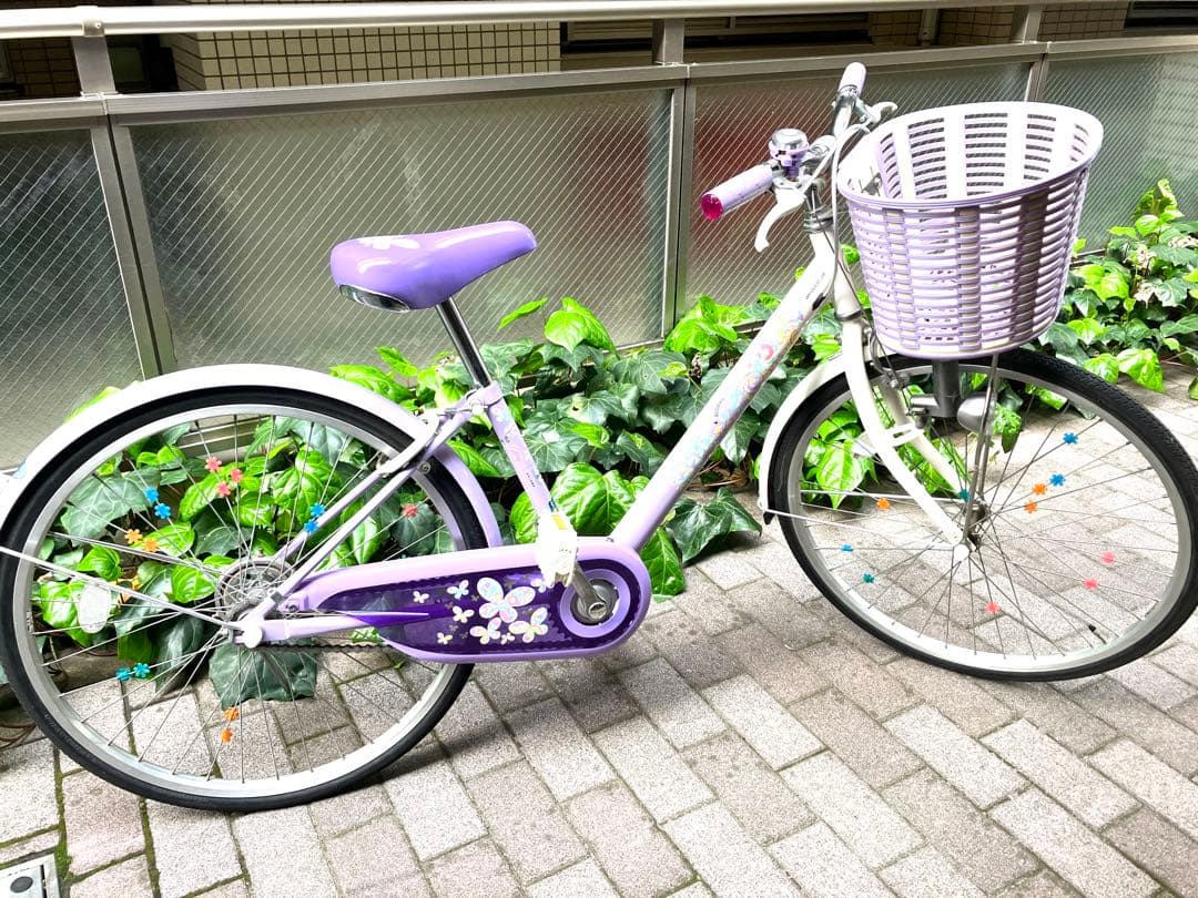 ブリヂストン子供用自転車 パープル 花柄 バスケット付き