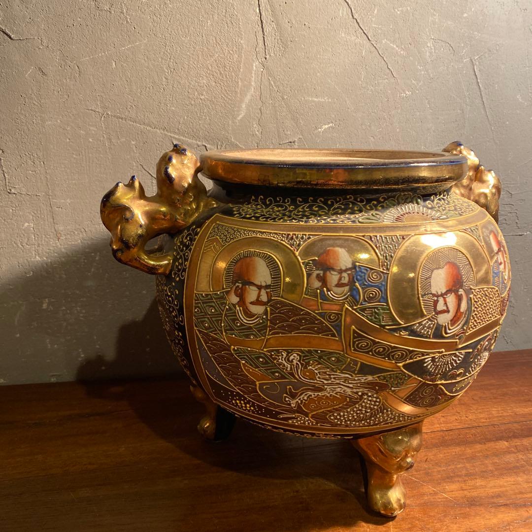 薩摩焼 三つ脚香炉 金襴手 古美術 骨董品 コレクション オブジェ
