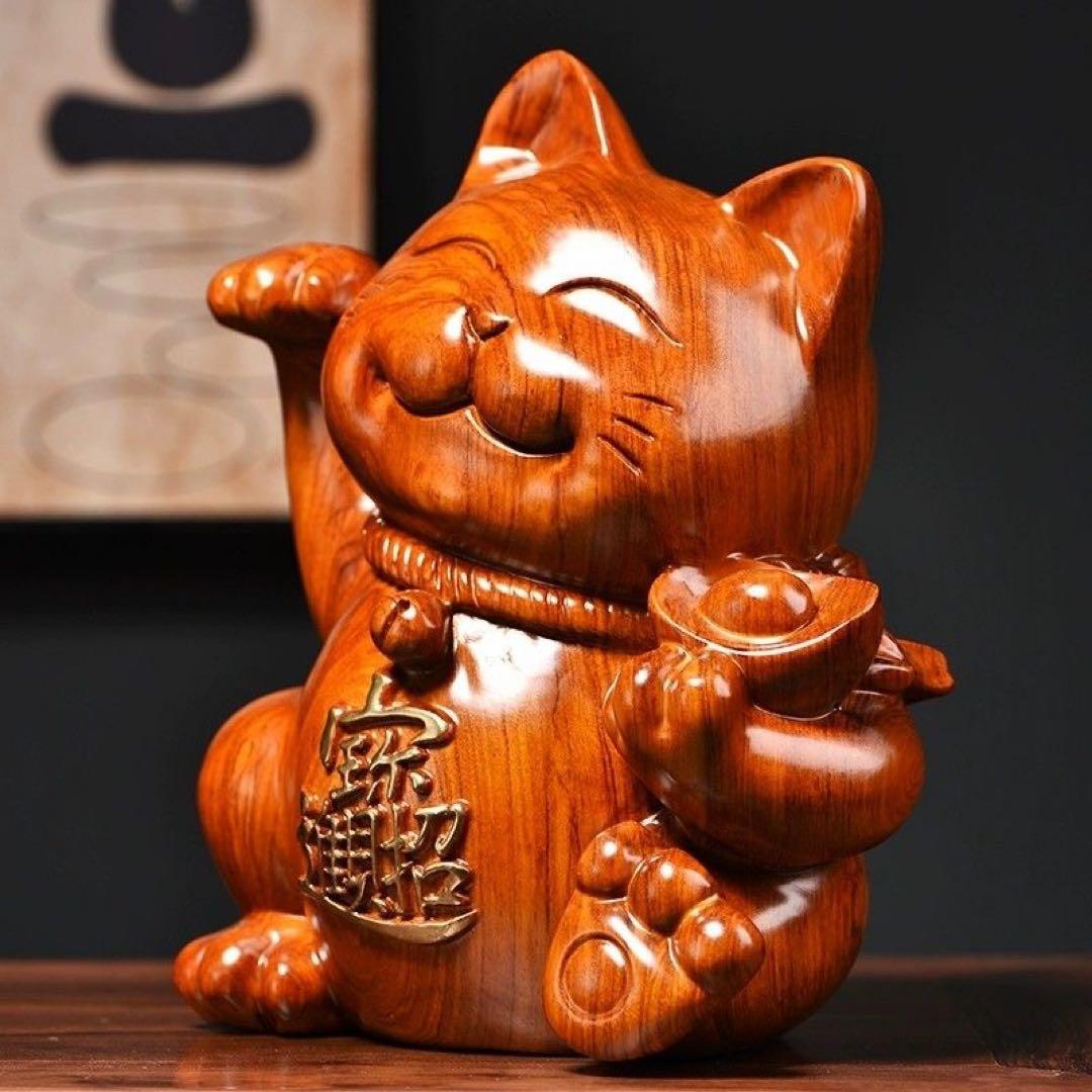木製 招き猫 中型 茶色