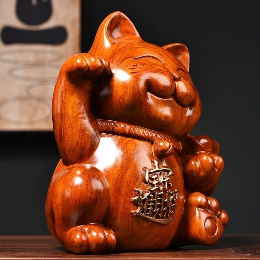 木製 招き猫 中型 茶色