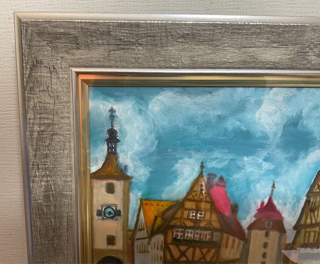 油彩画　「中世の街並み」　原画　額付　F6