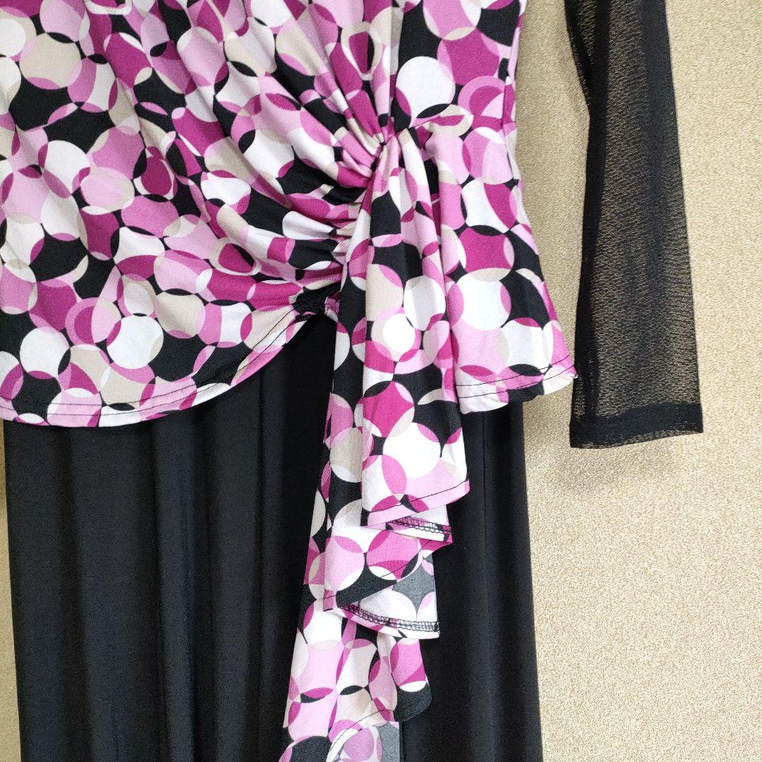 社交ダンス用　ピンク黒幾何学模様ロングドレス