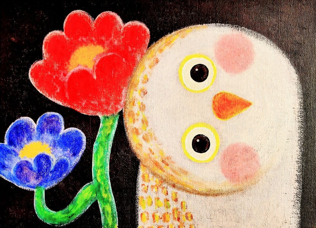 原画『かもね』フクロウ 花 幸せ キャンバス 手描き オリジナル 一点もの