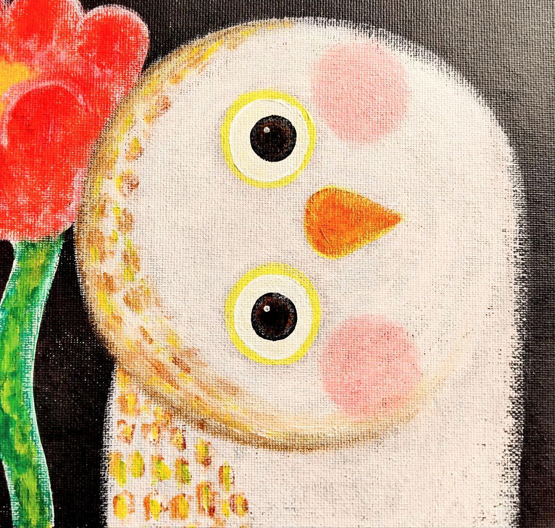 原画『かもね』フクロウ 花 幸せ キャンバス 手描き オリジナル 一点もの