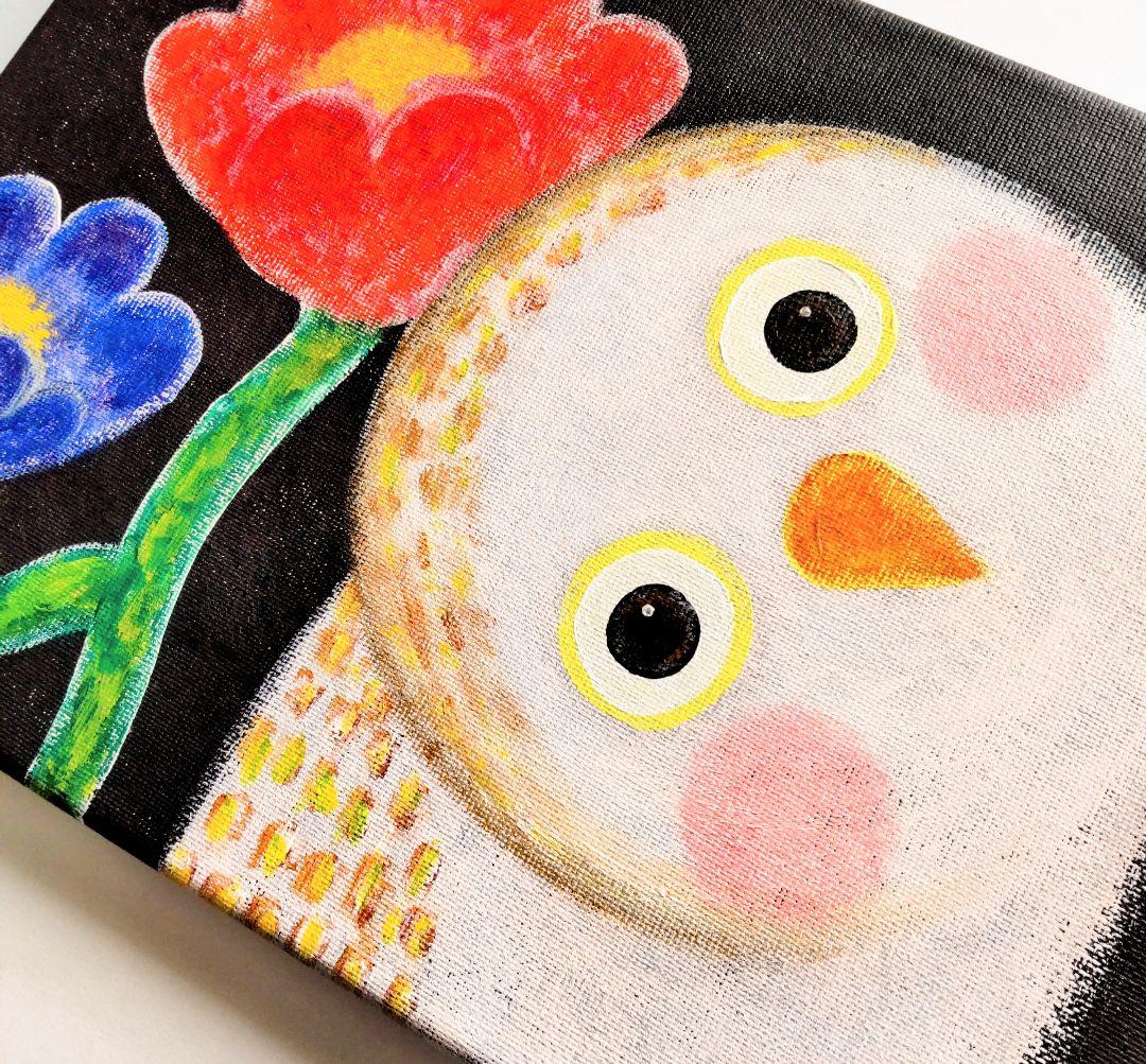 原画『かもね』フクロウ 花 幸せ キャンバス 手描き オリジナル 一点もの