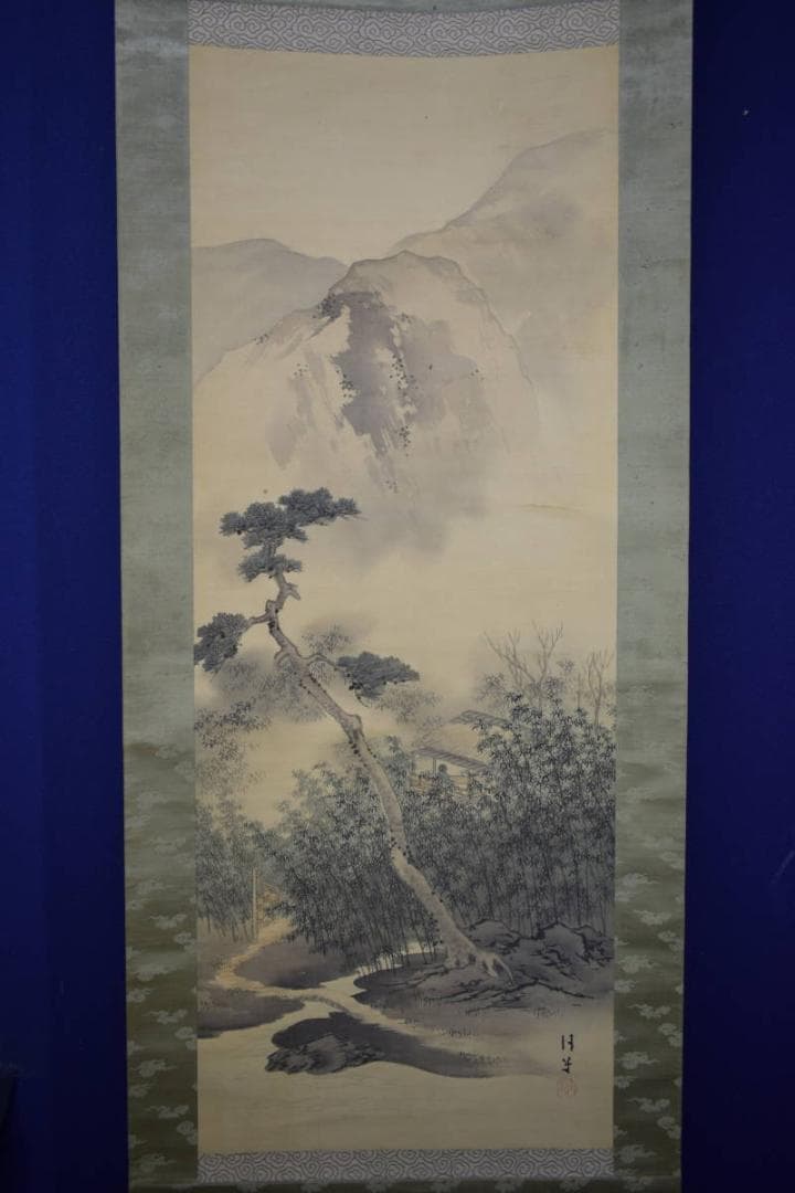 真作/松本清堂/山水人物庭園図/絹表装/布袋屋掛軸HJ-243