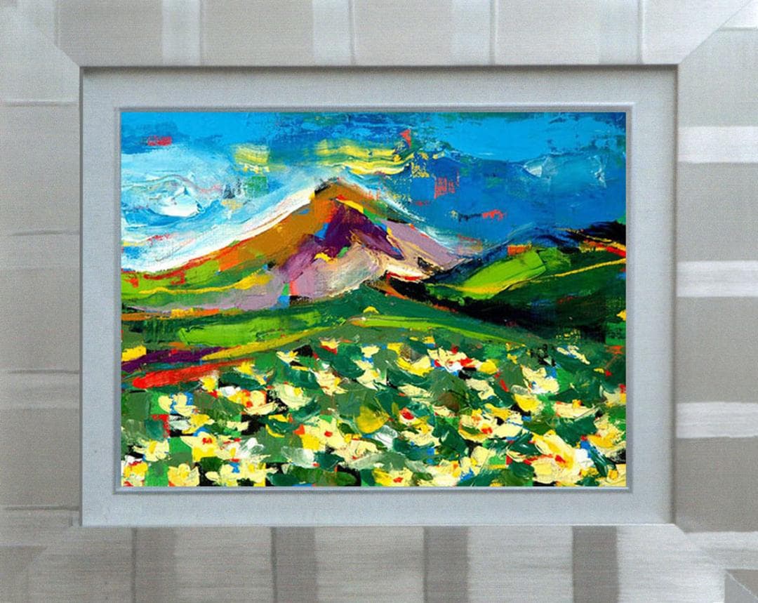 油絵 菅家令子 絵 絵画インテリア額付(黒) F4-081011 風景 山高原