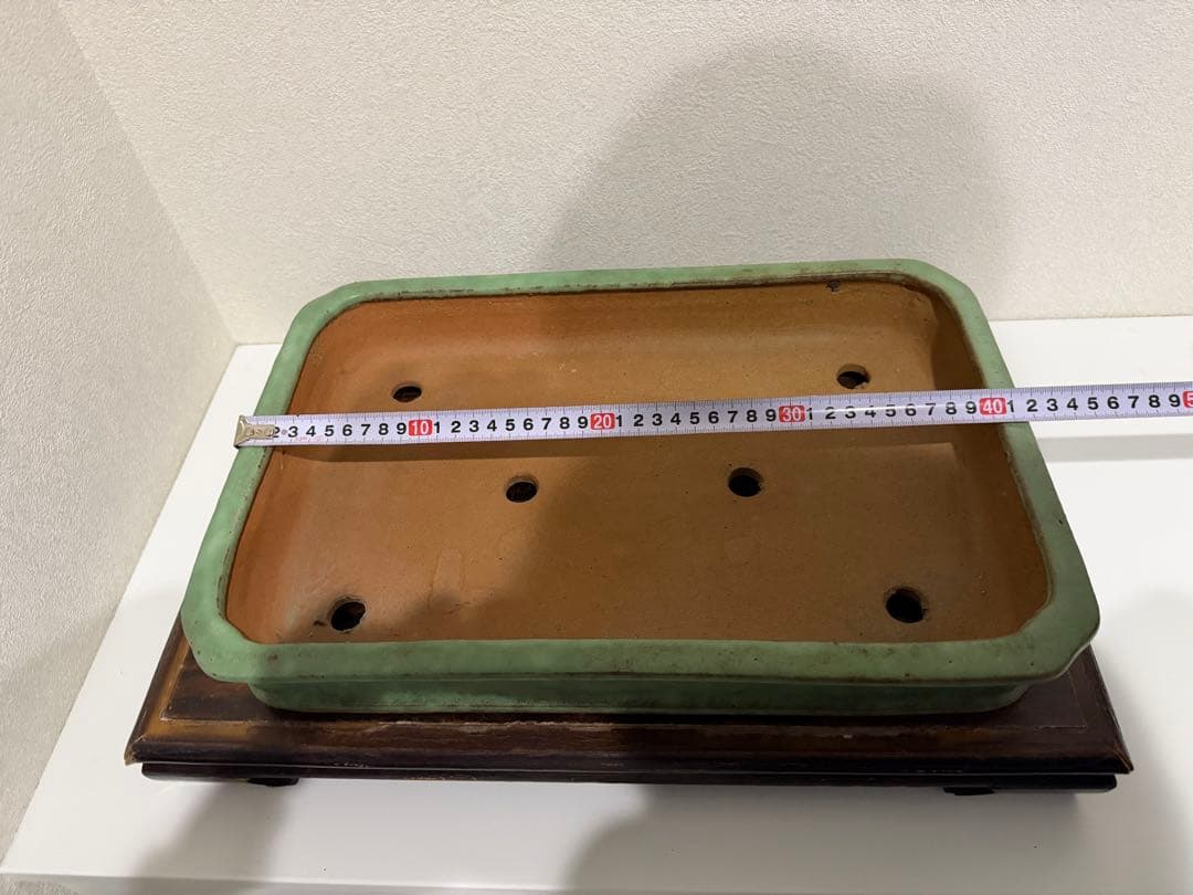 秀峰造　釘彫落款　盆栽鉢　緑釉　常滑　織部釉