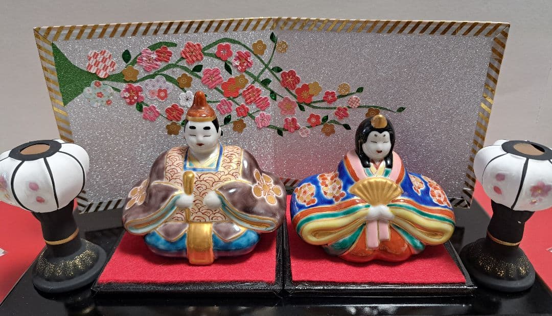 特価3月3日まで k-⑬九谷焼 ひな人形 3号 親王飾り 菊仙作 茶青海波