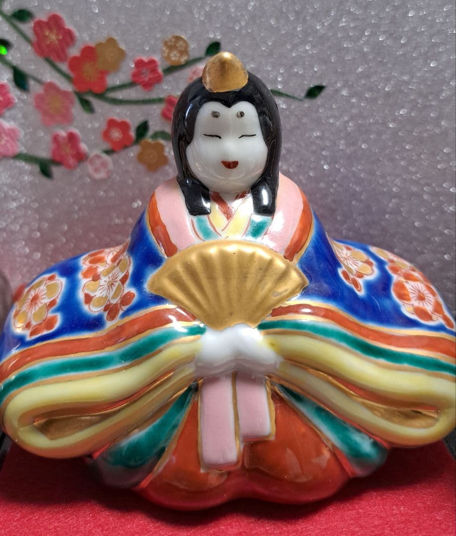 特価3月3日まで k-⑬九谷焼 ひな人形 3号 親王飾り 菊仙作 茶青海波