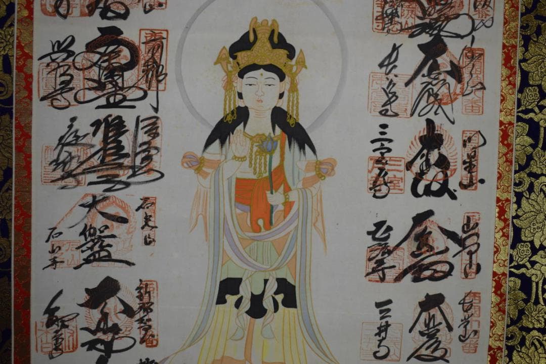 真作/西国三十三ヶ所/三十三ヵ所霊場集印肉筆掛軸/桐共箱付布袋屋掛軸HG-709
