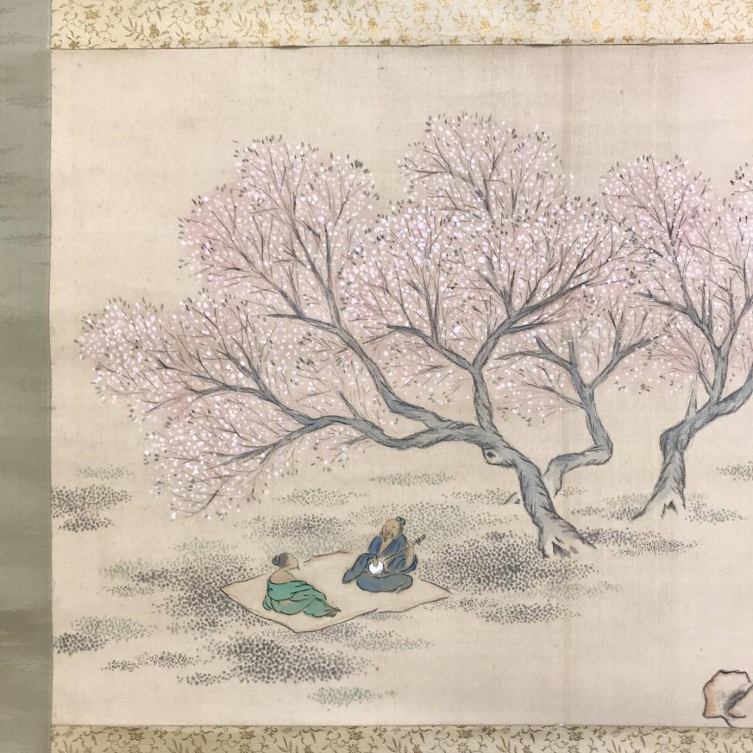 作者不詳/桃陰遊楽図/桃花人物/桜花山水/山水図/横物/掛軸名家伝来AH-561