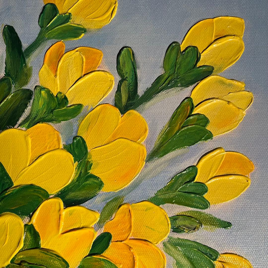 手書き油絵 花瓶の花 イエロー 肉筆絵画 インテリア 油彩画