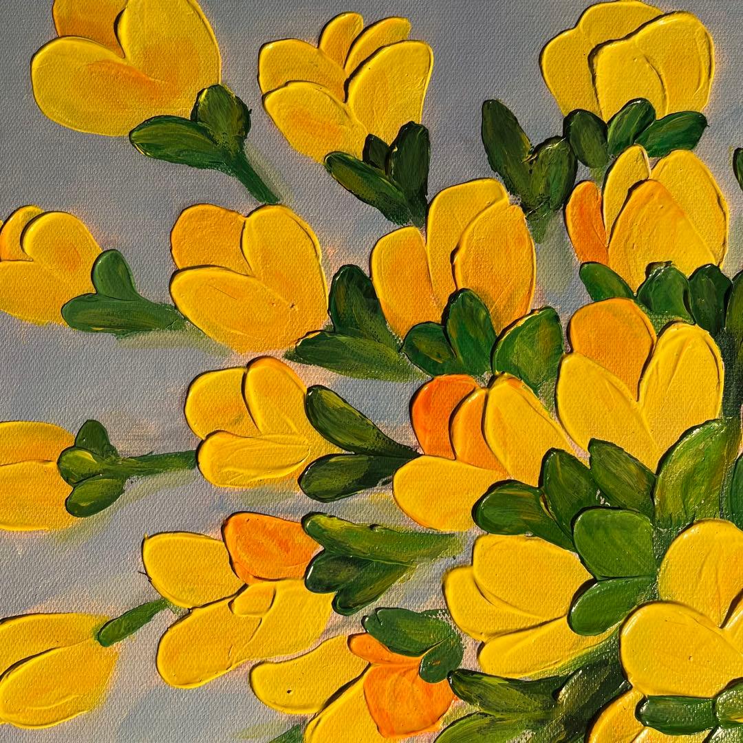 手書き油絵 花瓶の花 イエロー 肉筆絵画 インテリア 油彩画