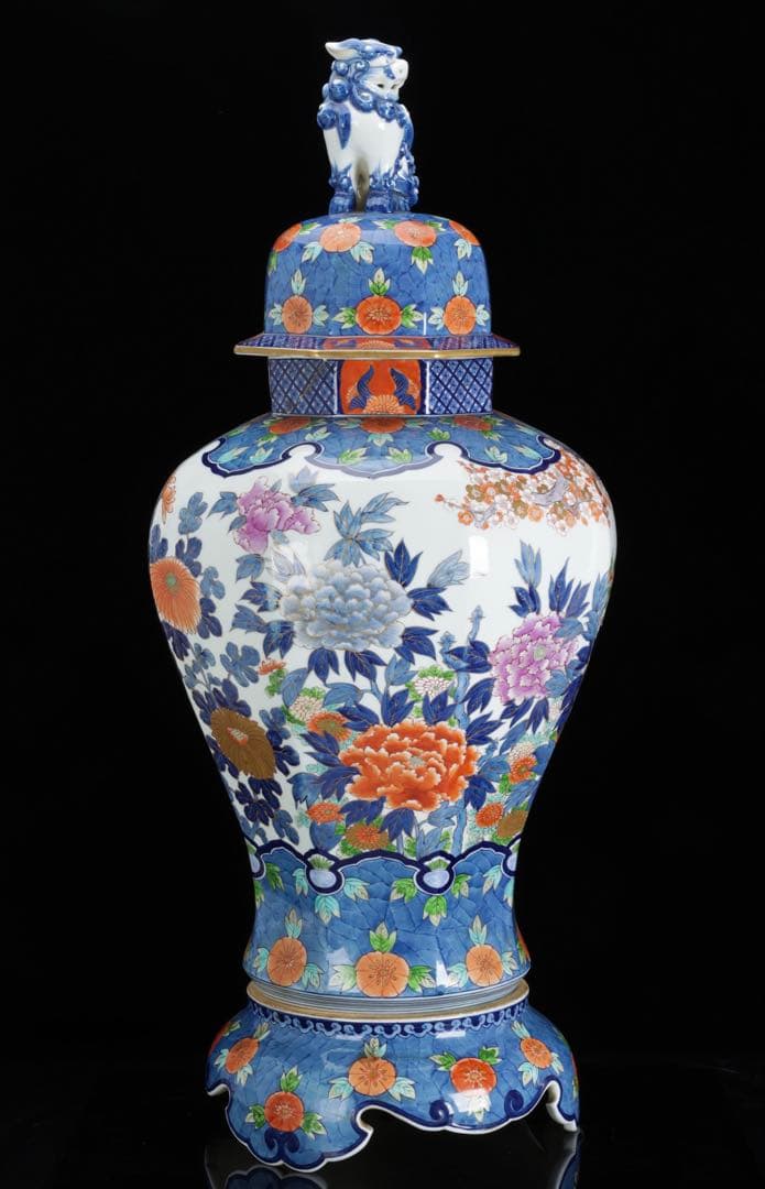 有田焼 耕右衛門 染錦金彩色絵 獅子摘蓋沈香壺 特大98cm 飾壺 古美術 骨董