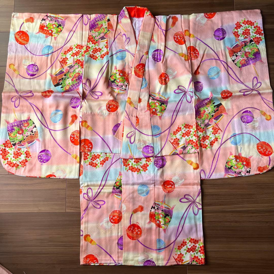 七五三 7歳女児用 正絹着物 帯 長襦袢 草履 バッグ等小物一式 ピンク系