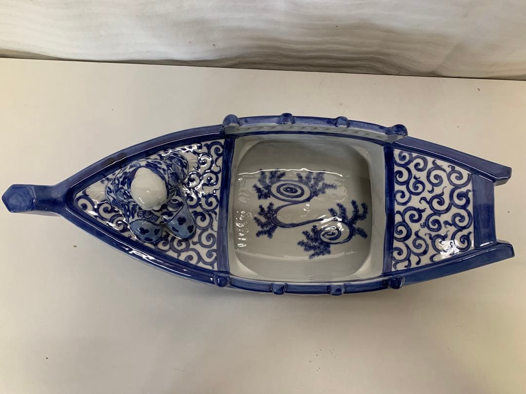 新品 九谷焼 染付 波千鳥 船置物 時代物 床飾り