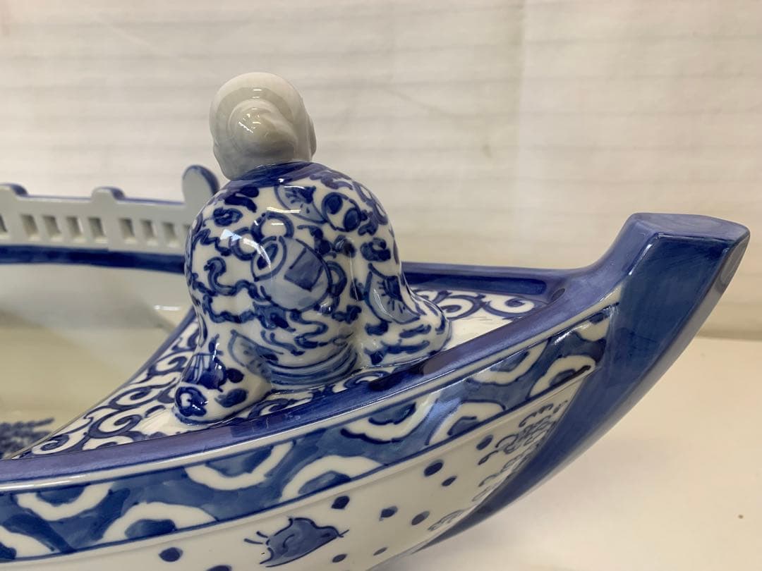 新品 九谷焼 染付 波千鳥 船置物 時代物 床飾り
