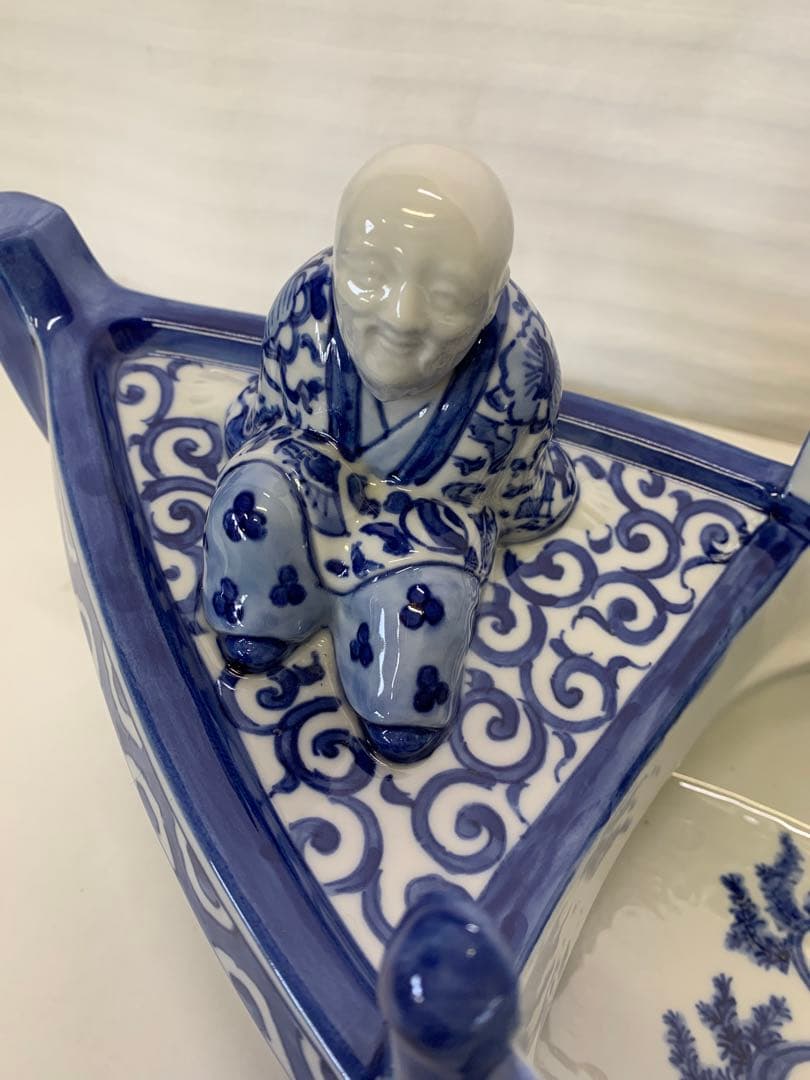 新品 九谷焼 染付 波千鳥 船置物 時代物 床飾り