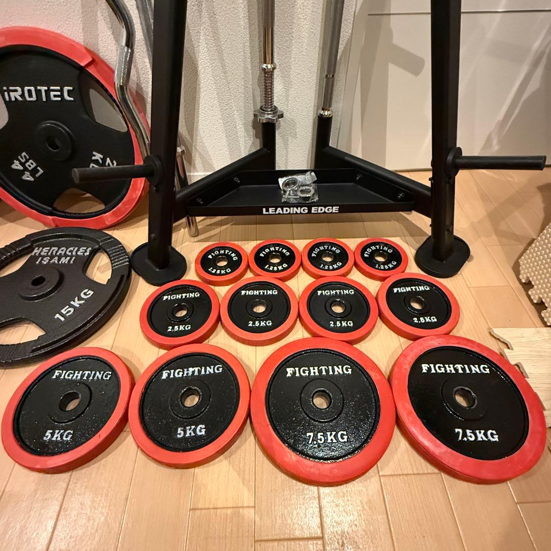 【プレート総重量155kg】ホームジム一式セット（バーベル・プレート・ラック）