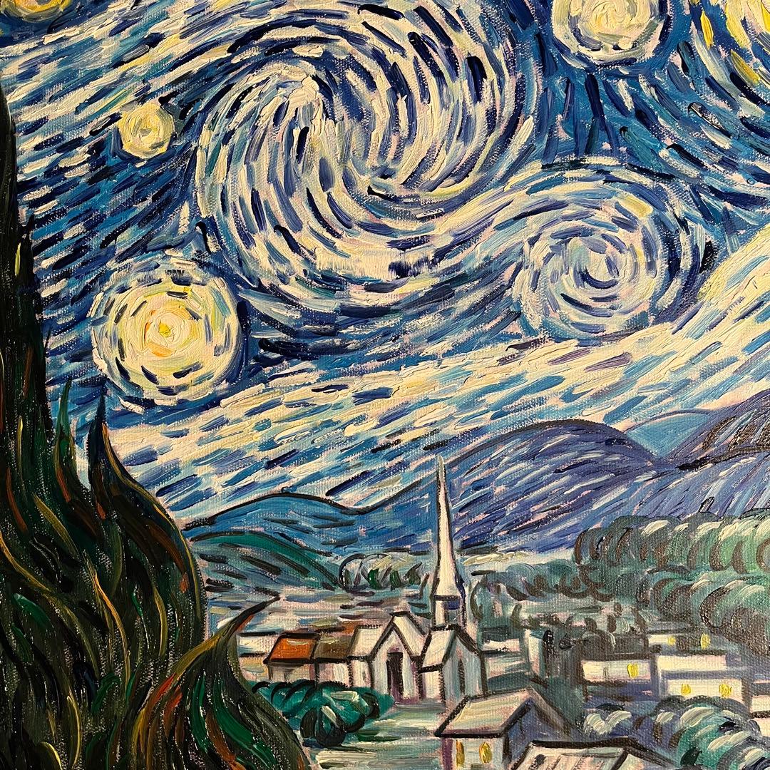 ★秀作★ 手書き油絵 ゴッホ 星月夜 額付 絵画 インテリア 油彩画