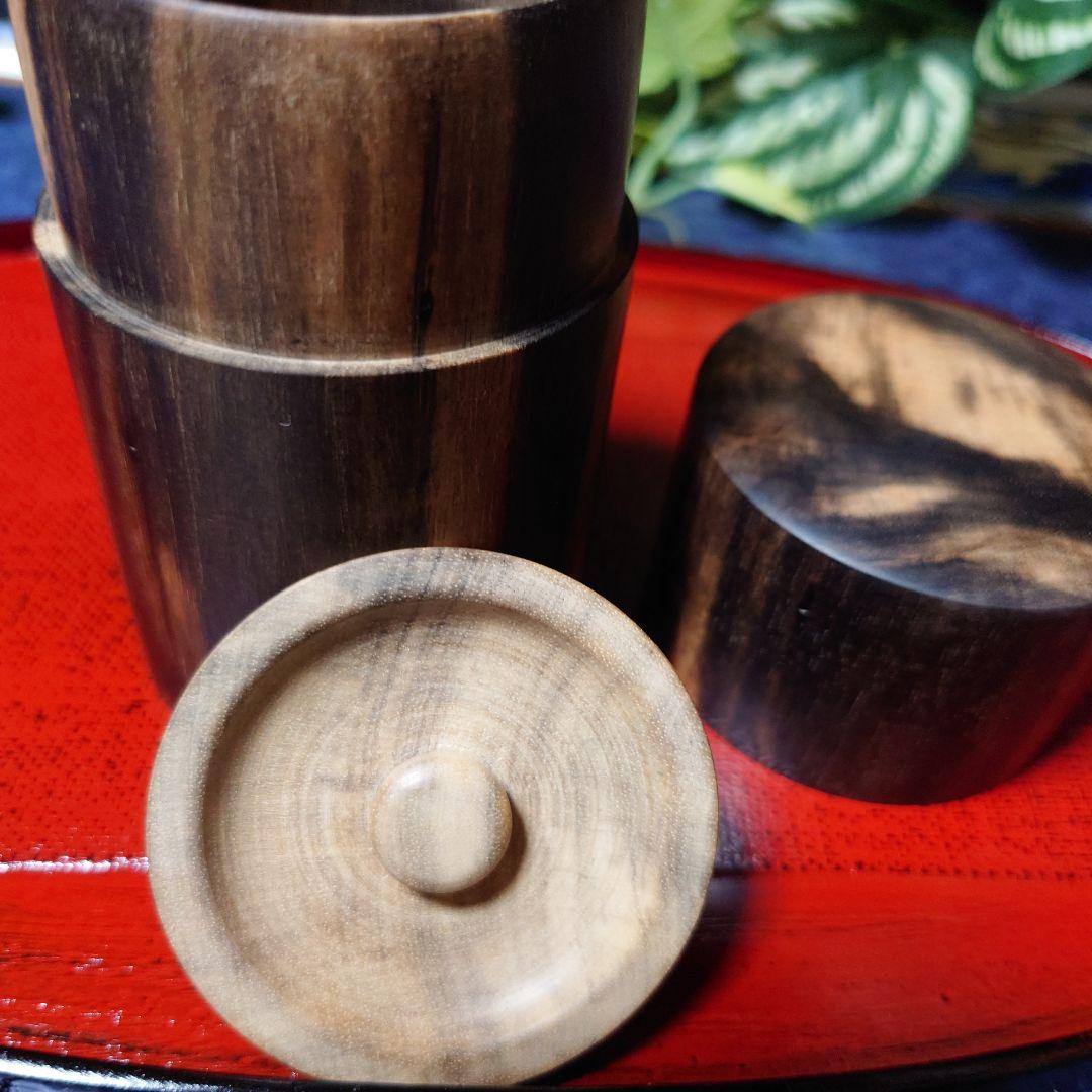 黒柿 茶筒 総黒柿 オマケ 桜皮細工 茶匙