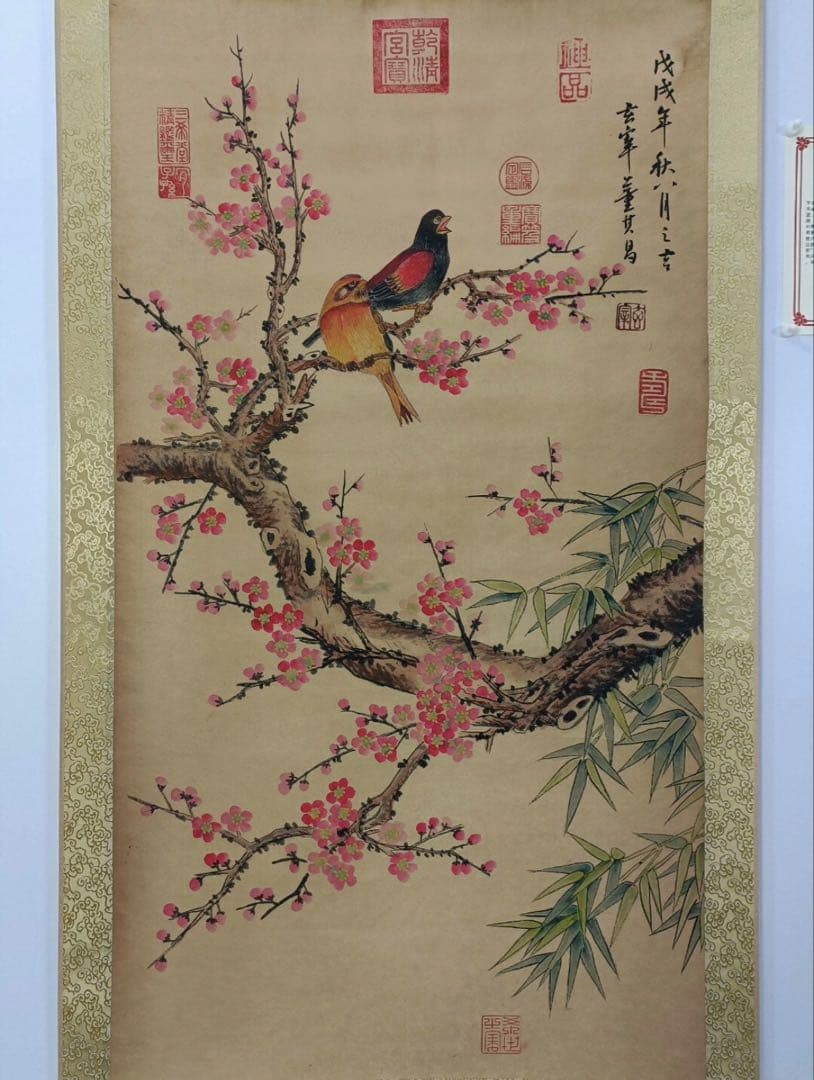 董其昌様式 花鳥図 掛軸 三尺中堂画 証書付き 高級インテリア 客間 玄関装飾