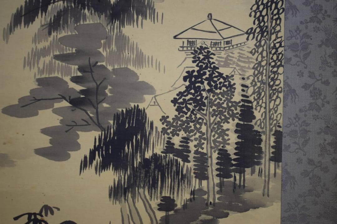 真作/堀井香坡/山水橋図/夏山煙雨/絹表装/布袋屋掛軸HI-385