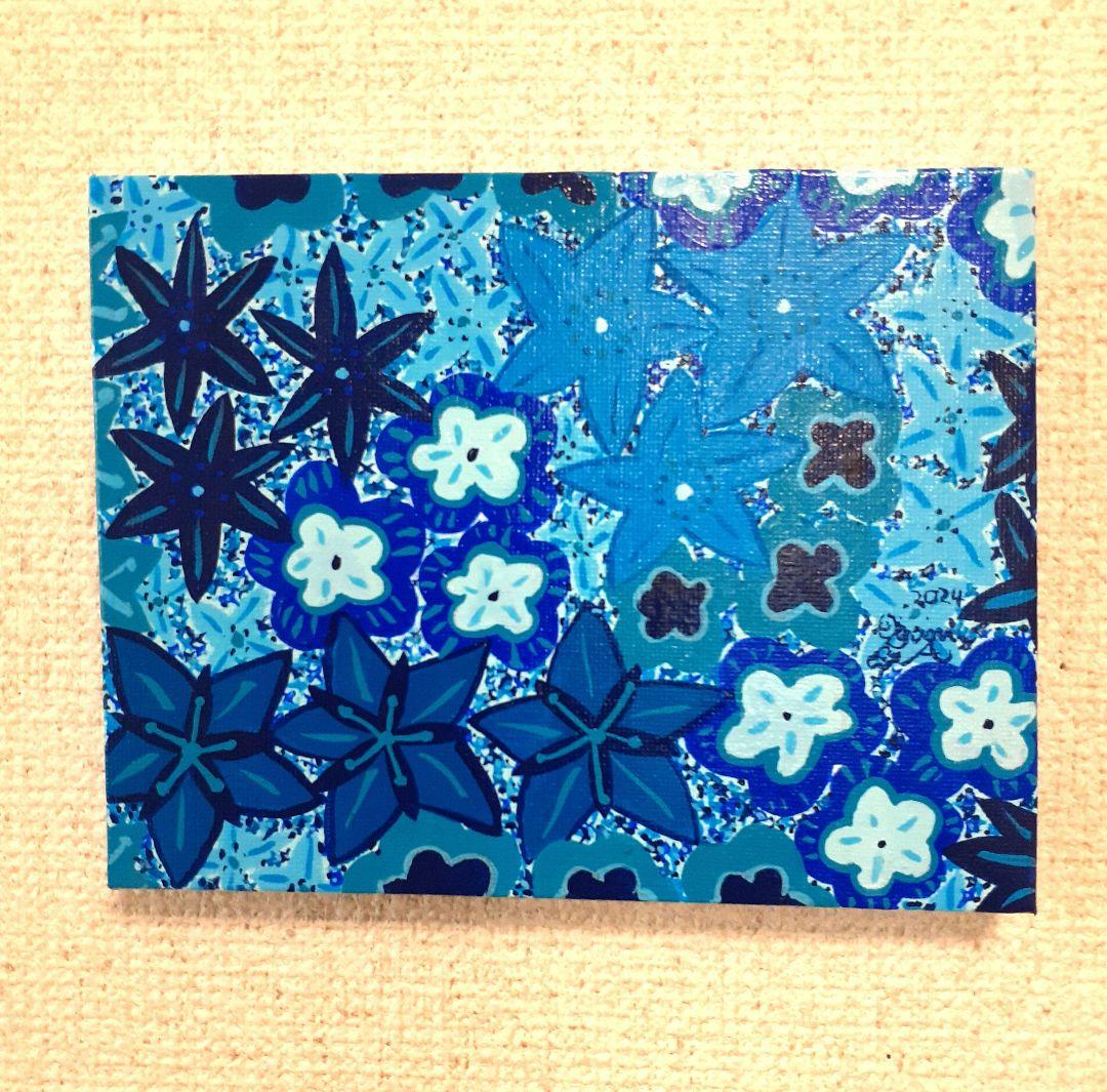 青だらけの花の作品　F0号作品　最新作！　画家　小楠アキコ作品　アクリル絵の具