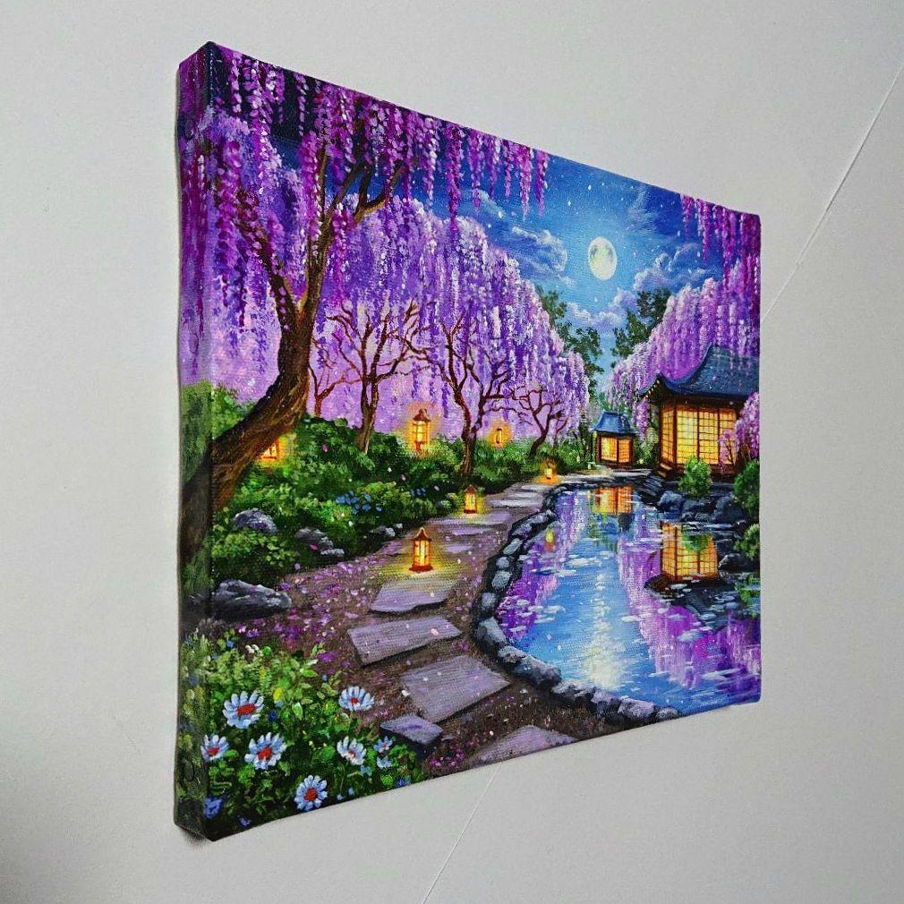 【月夜の藤】アクリル画 F3 風景画 絵画