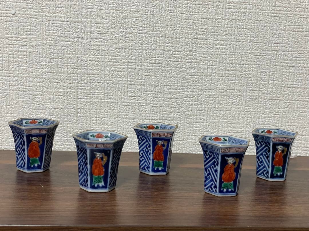 古伊万里 色絵人物図 六角覗猪口 五客揃 希少 時代物