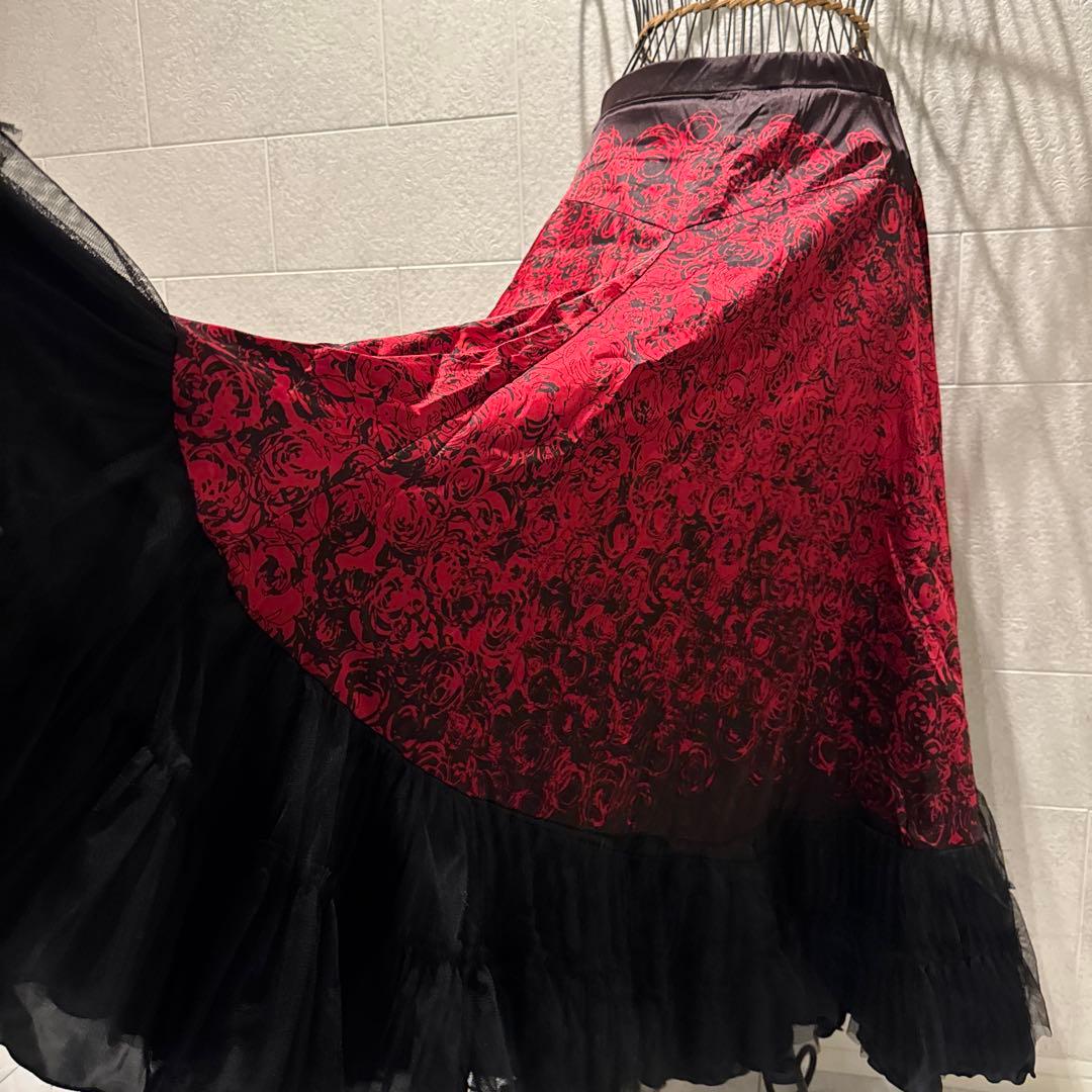 社交ダンス用 赤黒花柄ロングスカート　L チャコット