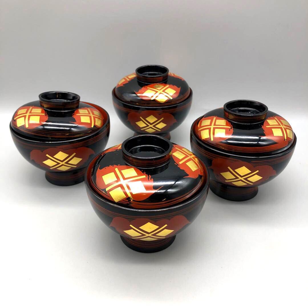 新品未使用秀衡塗菱形金箔漆雲文様蓋付き椀4客セット伝統工芸高級品ビンテージ食器
