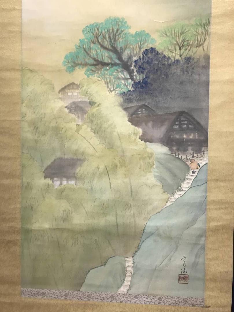 【真作】槙戸寛海/田家の梅雨図/山水図/掛軸/名家伝来/AC-209