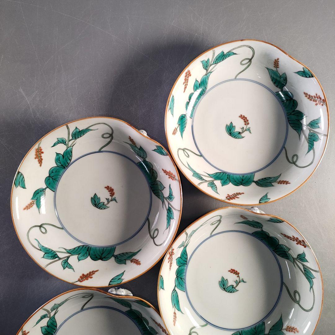 A1366-8/九谷焼/平安岩華 造/着彩草花文一閃人鉢4客/共箱/飾皿/菓子鉢