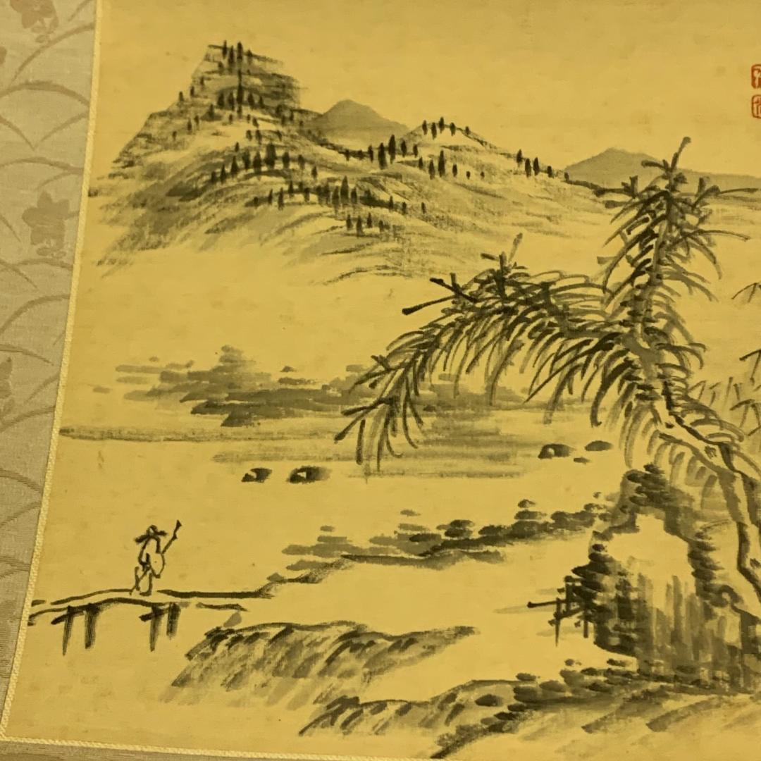 掛軸 水墨画 山水釣人図 漢詩 中国 年中飾り 中国美術 古美術 伝統工芸